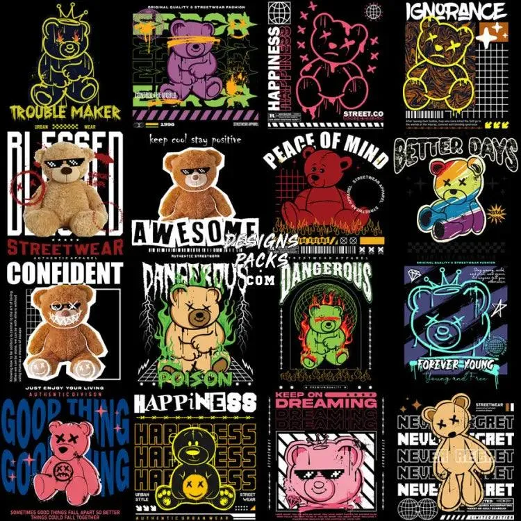 38 Good Vibes Teddy Bear Street Wear Designs Bundle PNG EPS