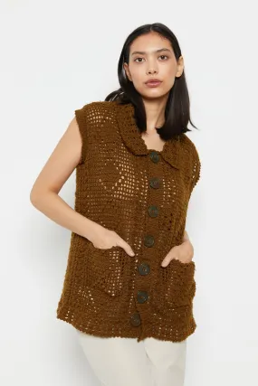 70s Brown Button Crochet Vest M
