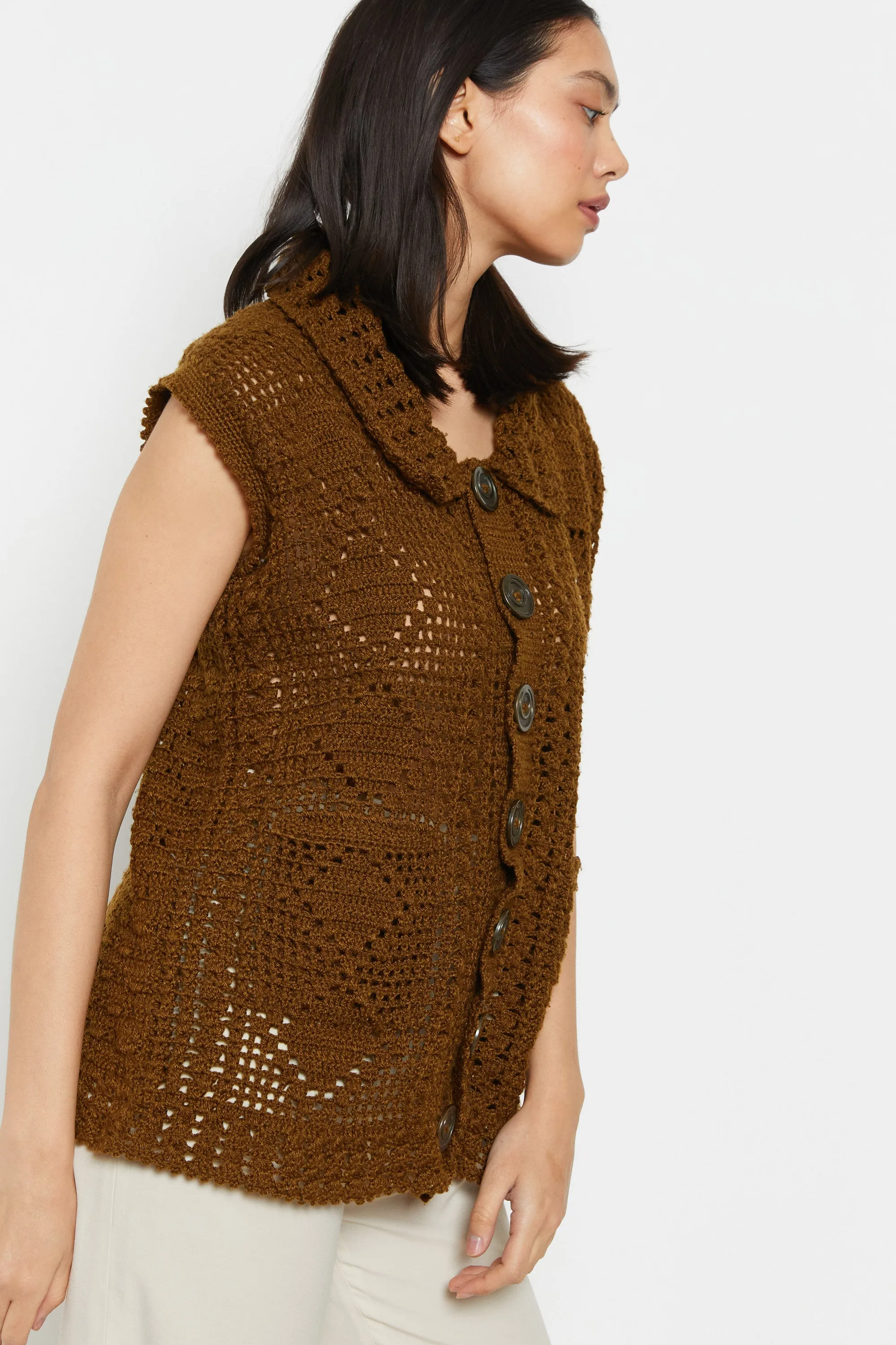 70s Brown Button Crochet Vest M
