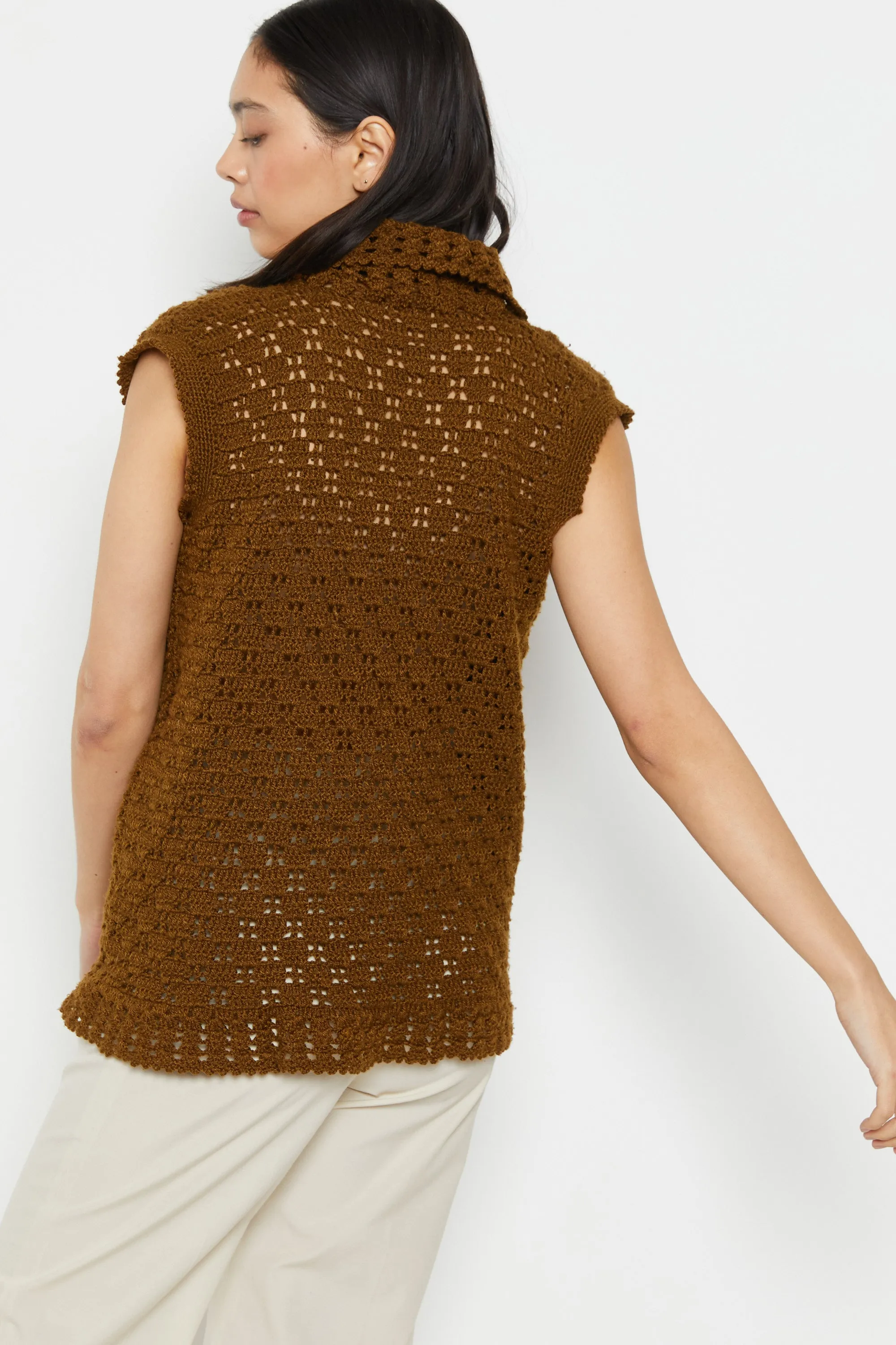 70s Brown Button Crochet Vest M