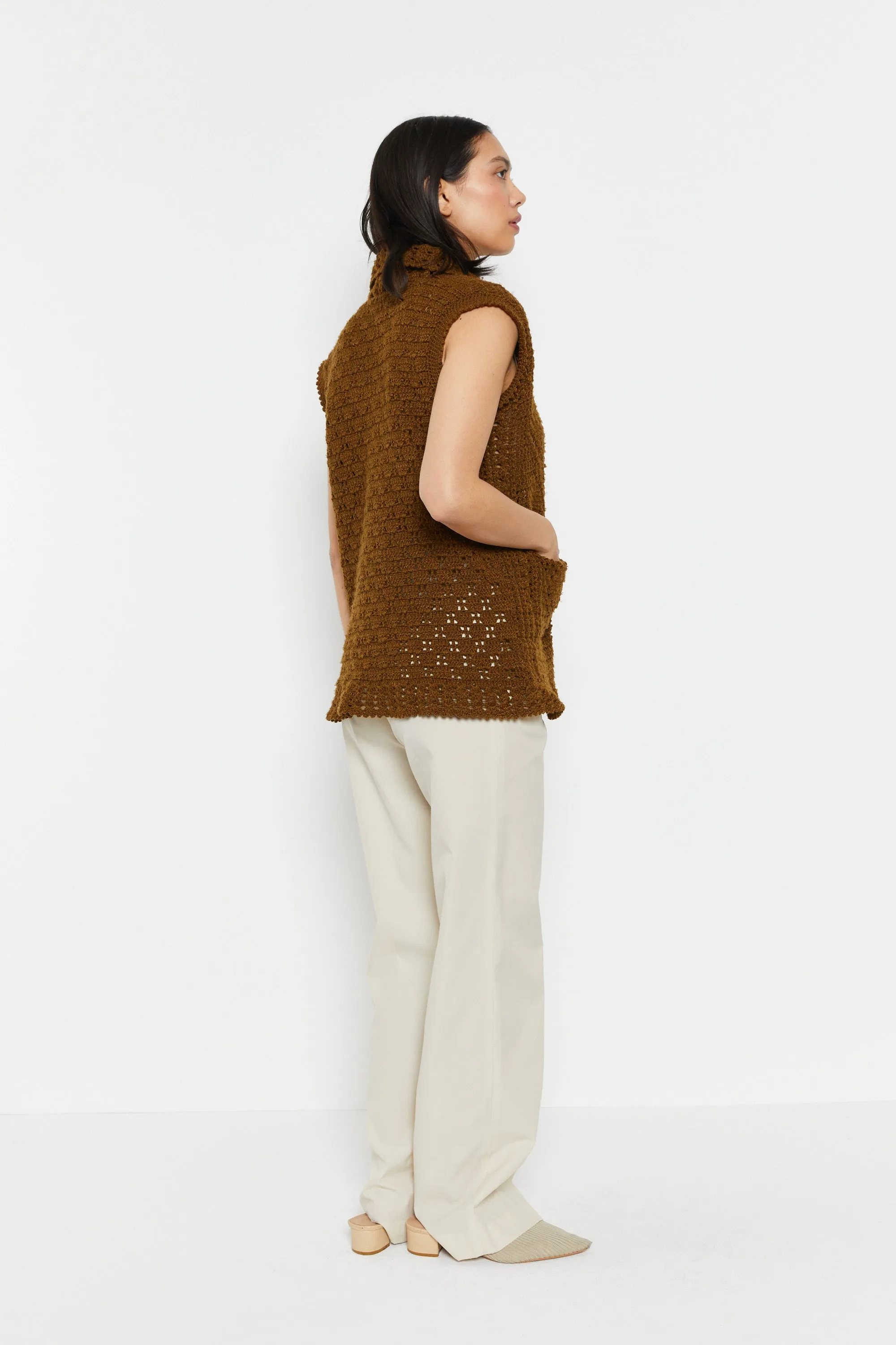 70s Brown Button Crochet Vest M