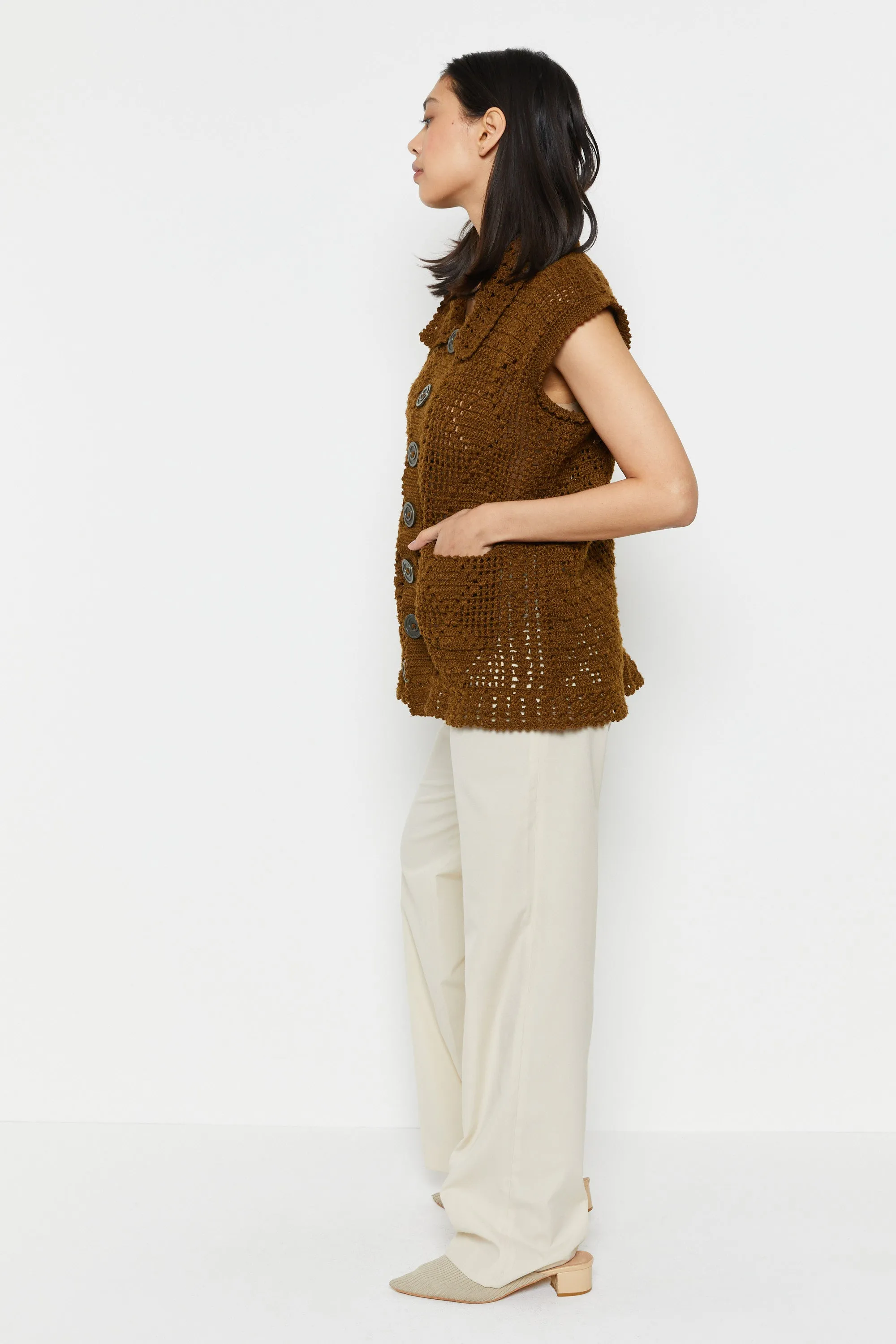 70s Brown Button Crochet Vest M