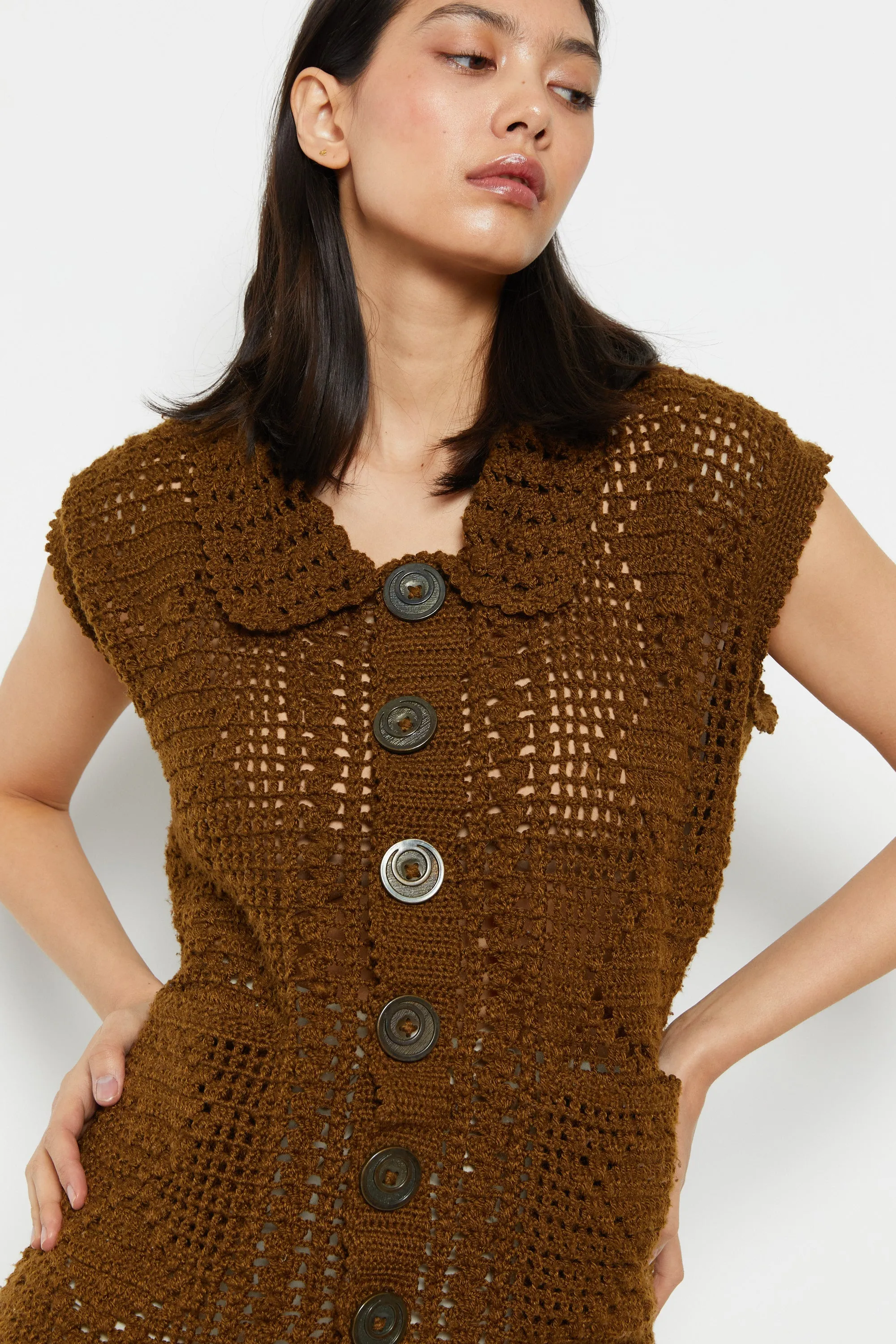 70s Brown Button Crochet Vest M