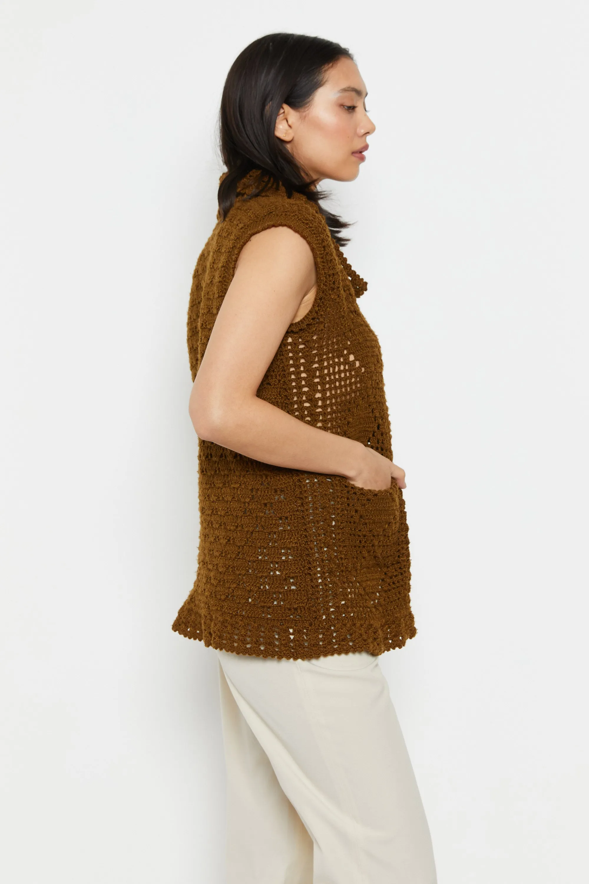 70s Brown Button Crochet Vest M
