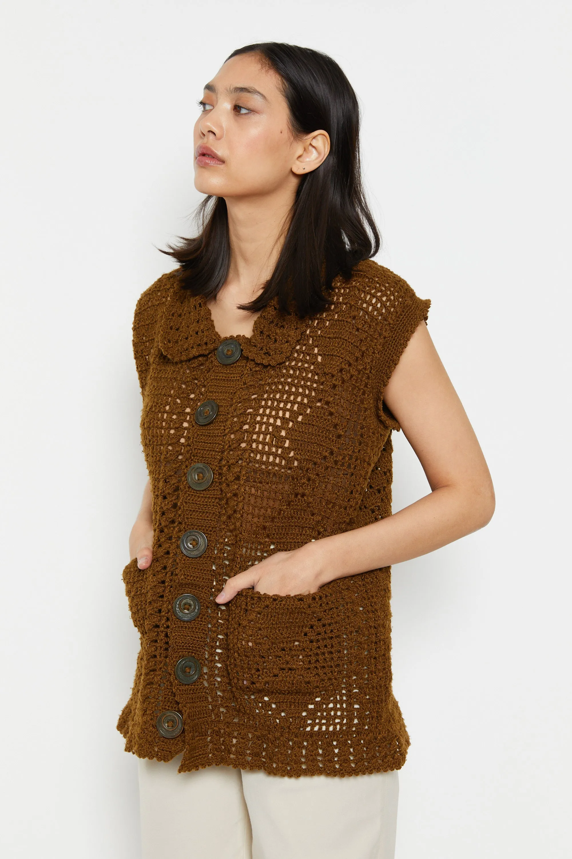 70s Brown Button Crochet Vest M