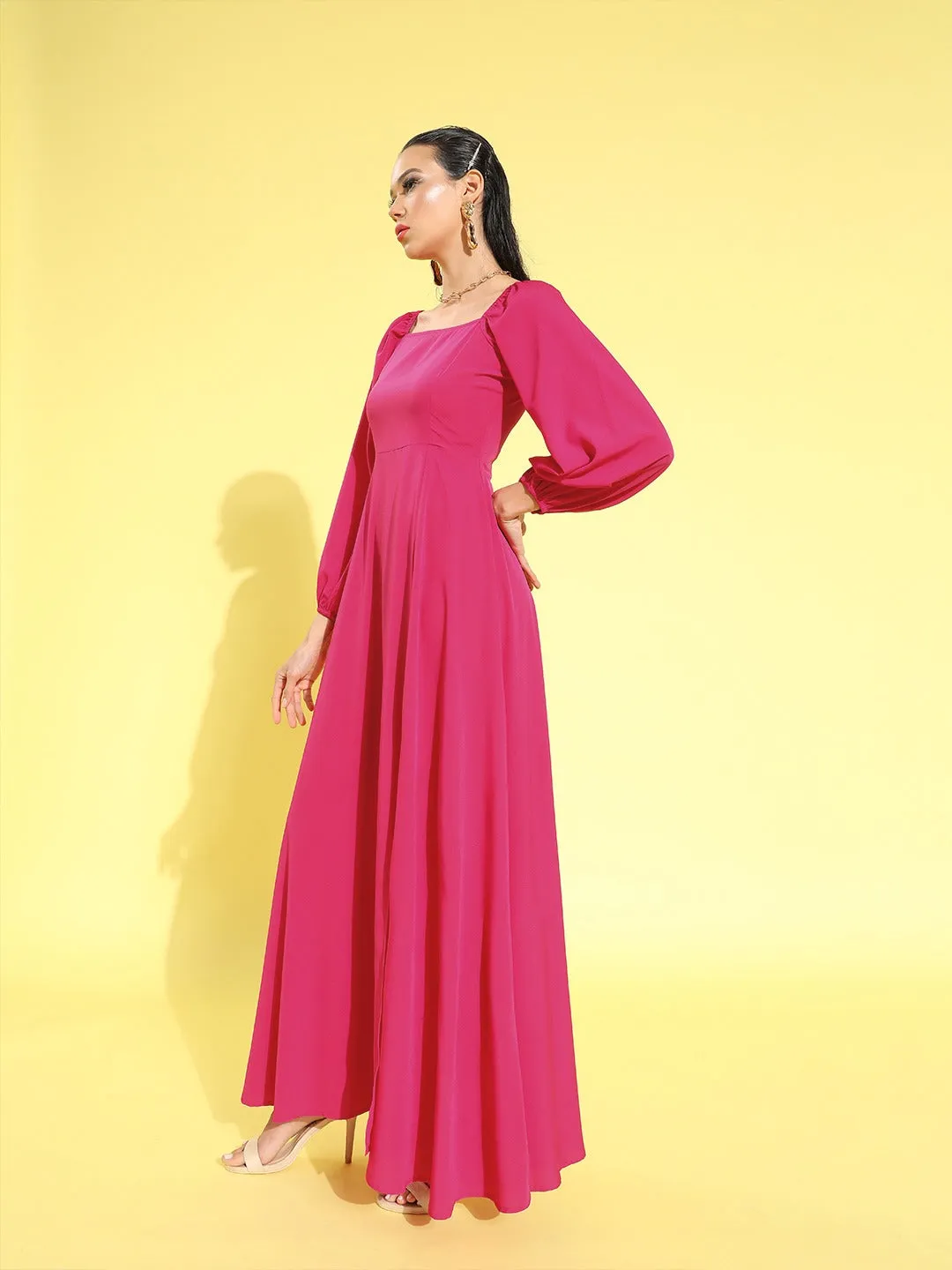 Berrylush Women Solid Dark Pink Square Neck Puff Sleeves Crepe Flared Maxi Dress