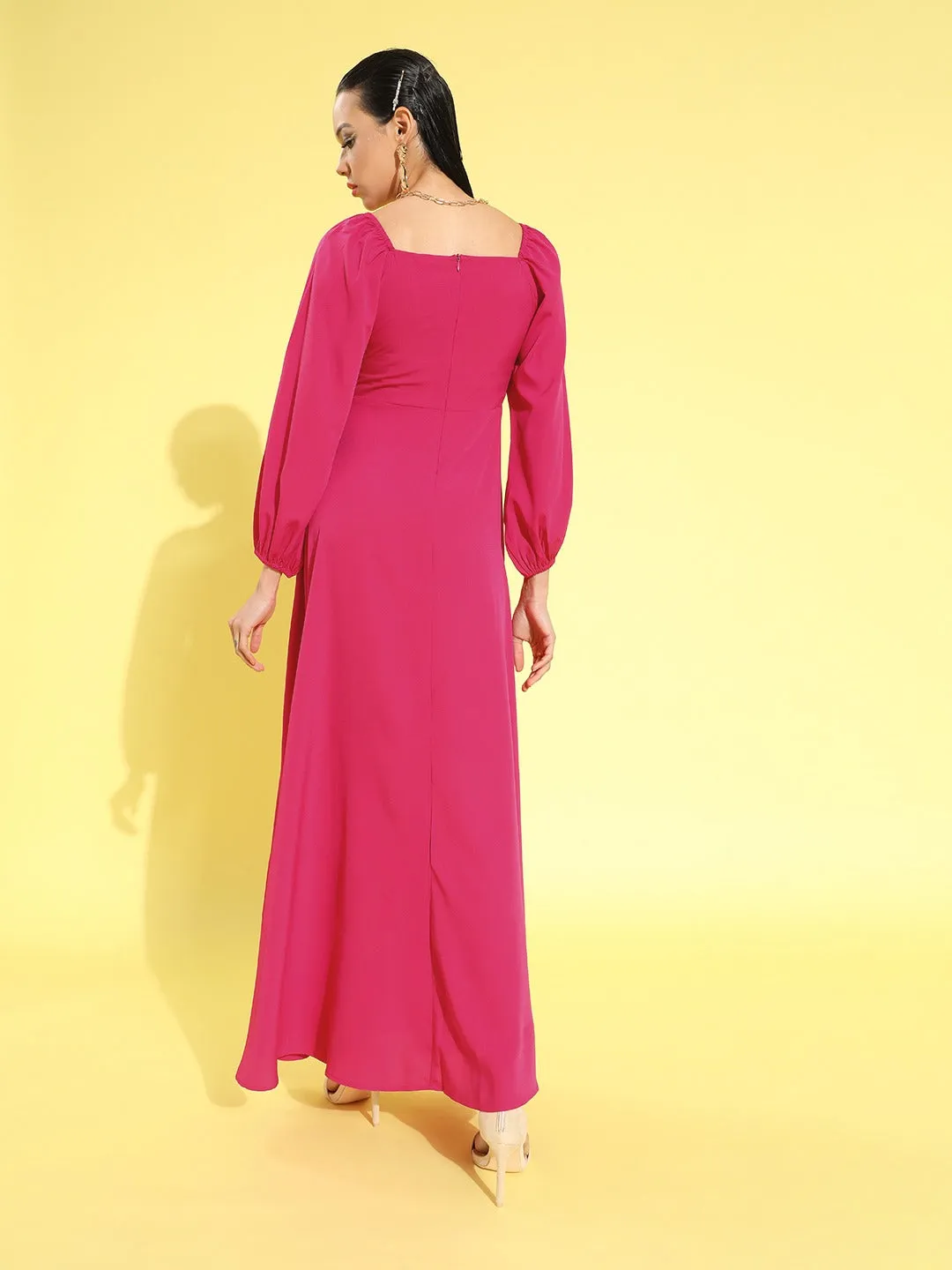 Berrylush Women Solid Dark Pink Square Neck Puff Sleeves Crepe Flared Maxi Dress