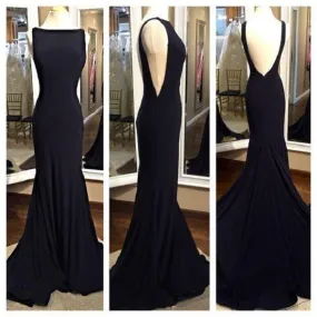Black Backless Bateau Neck Sheath Long Prom Dress