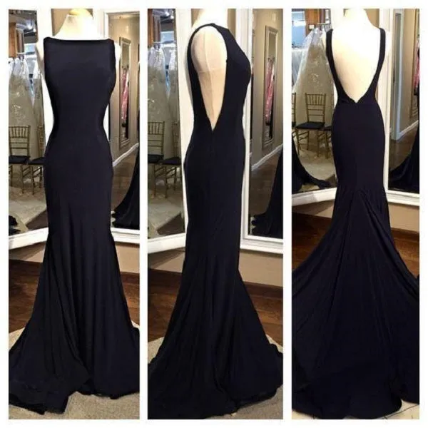 Black Backless Bateau Neck Sheath Long Prom Dress