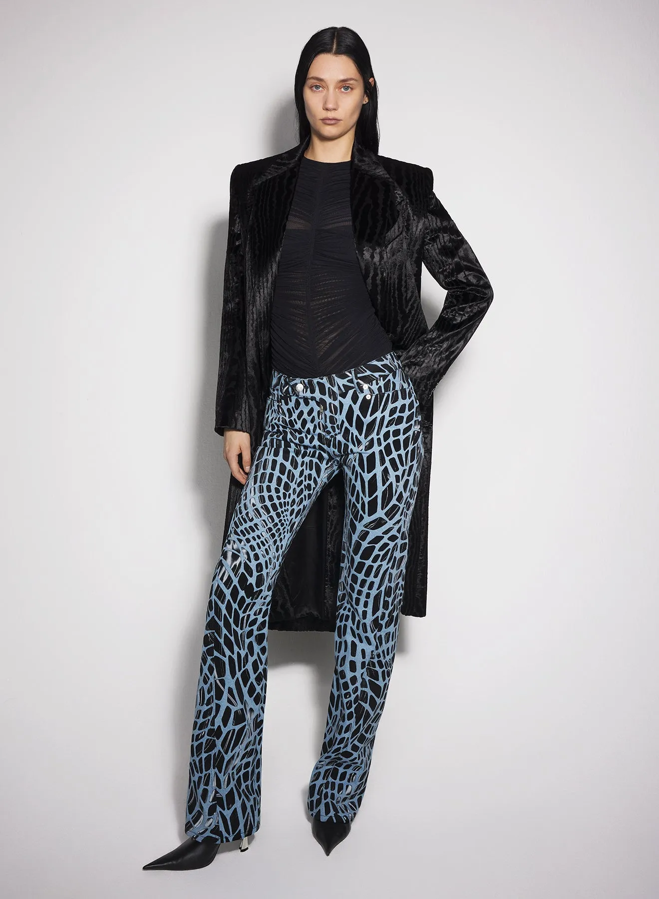 black velvet print straight leg jeans