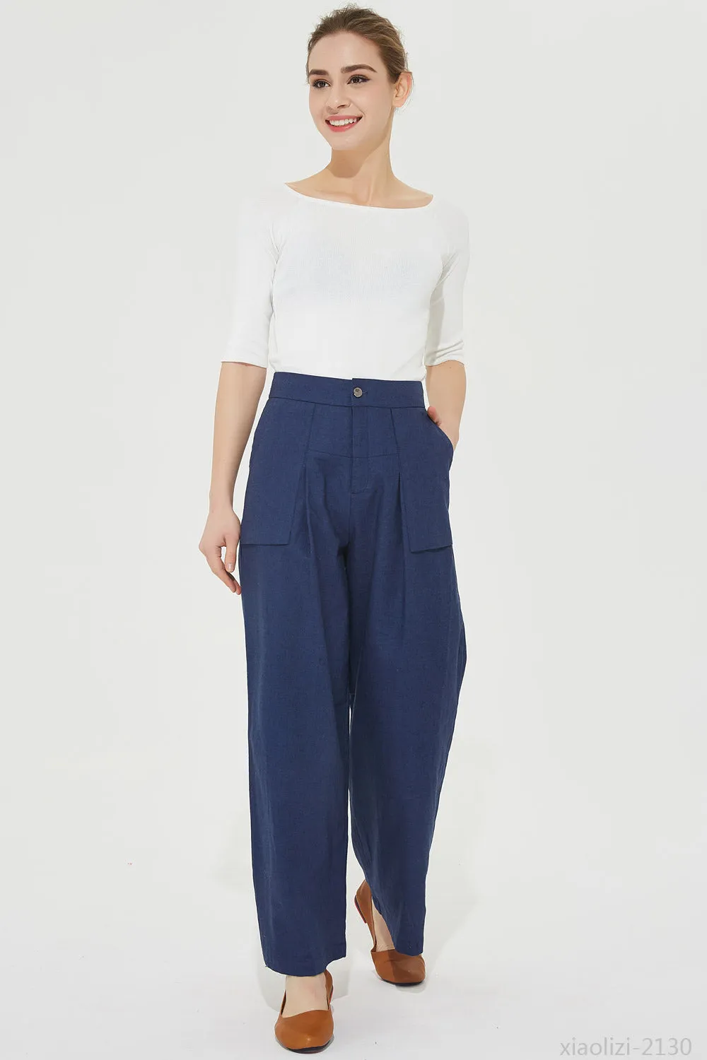 blue wide leg linen pant, palazzo linen pant 2130#