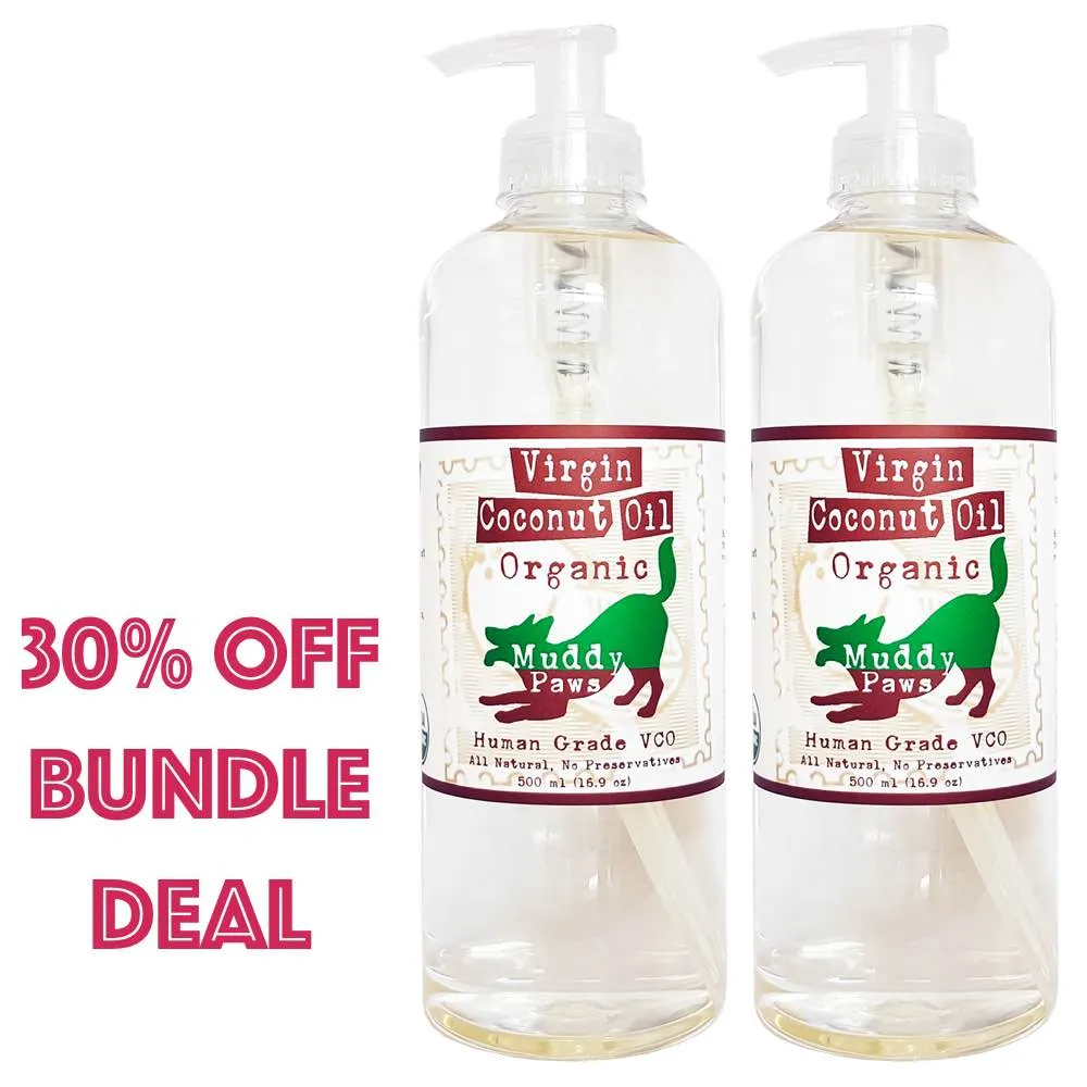 Bottles of Muddy Paws Organic Virgin Coconut Oil 500ml