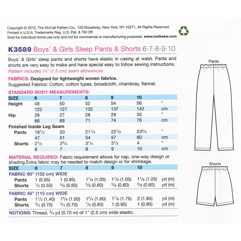Boys & Girls Pajama Pants and Shorts Pattern