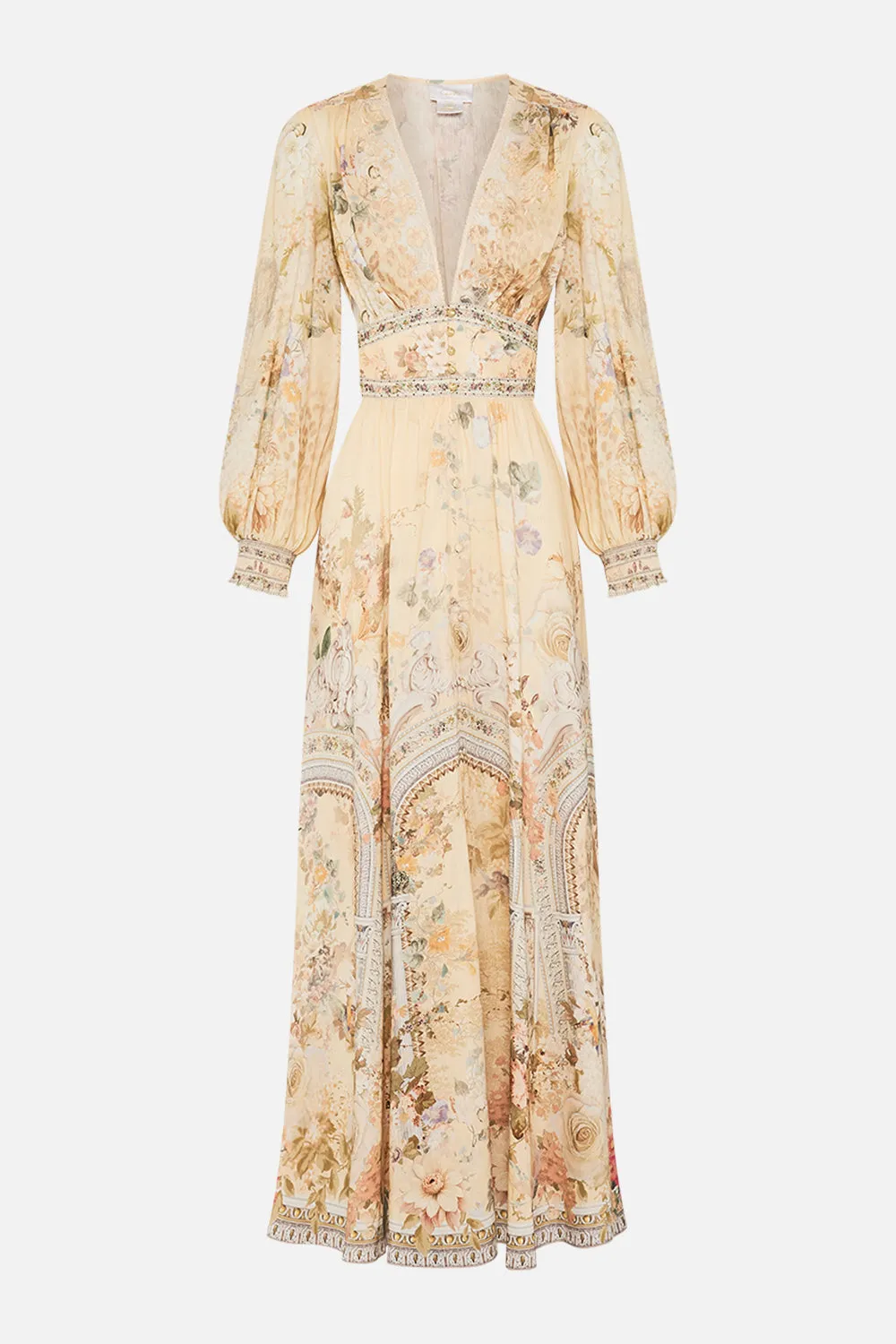 BUTTON DRESS WITH SHAPED WAISTBAND ADORNED IN ANTIQUITY