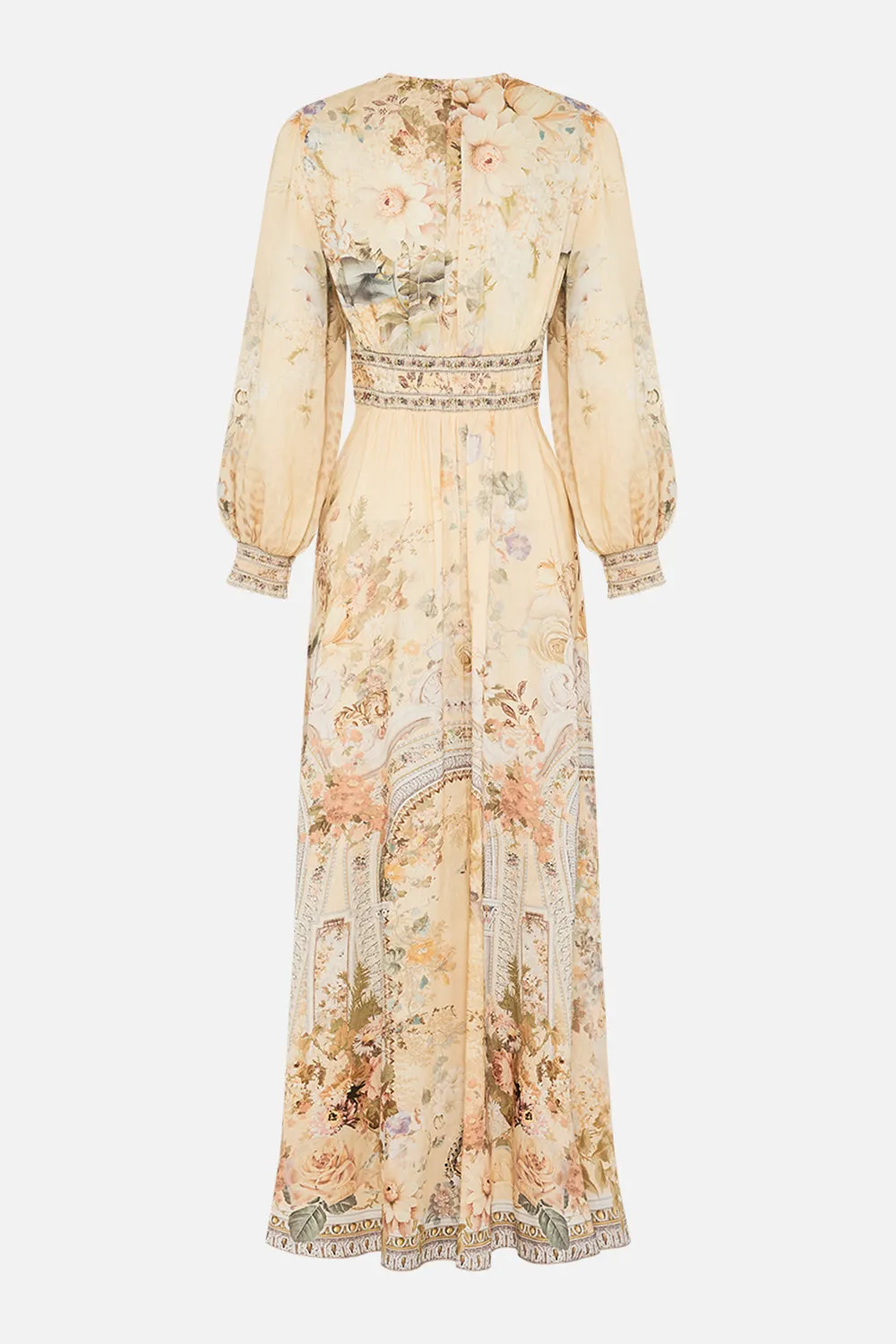 BUTTON DRESS WITH SHAPED WAISTBAND ADORNED IN ANTIQUITY