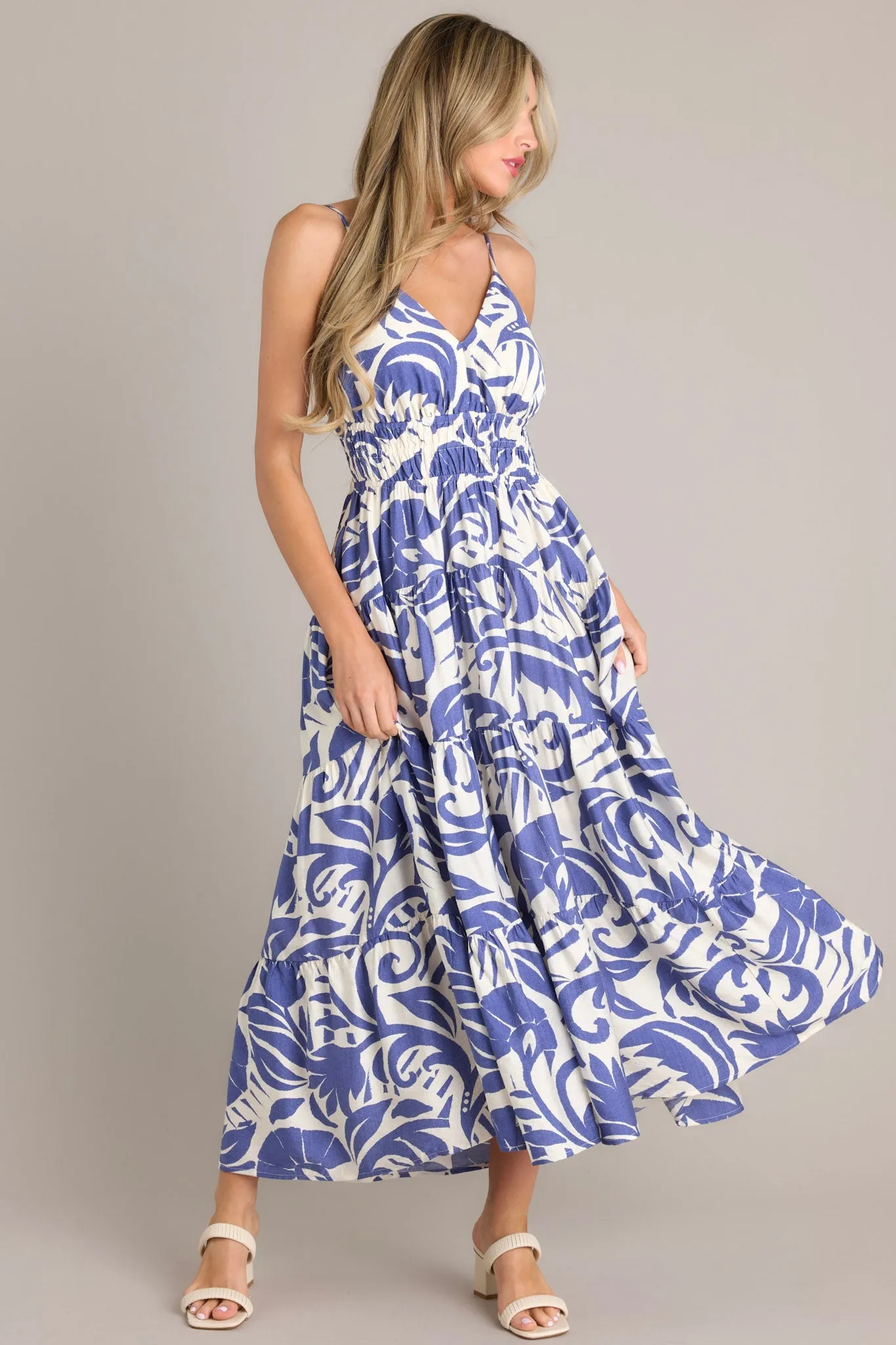 Caribbean Dream Blue Tropical Print Maxi Dress