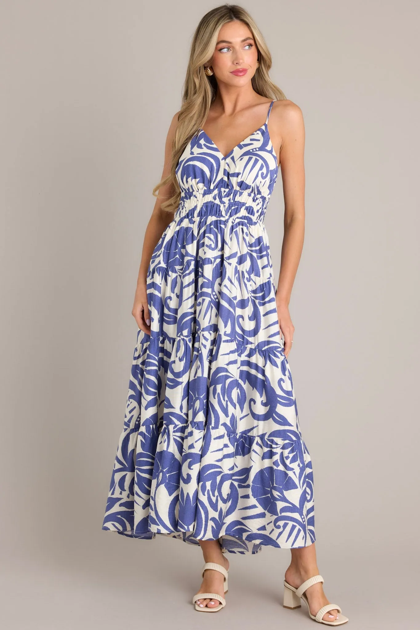 Caribbean Dream Blue Tropical Print Maxi Dress