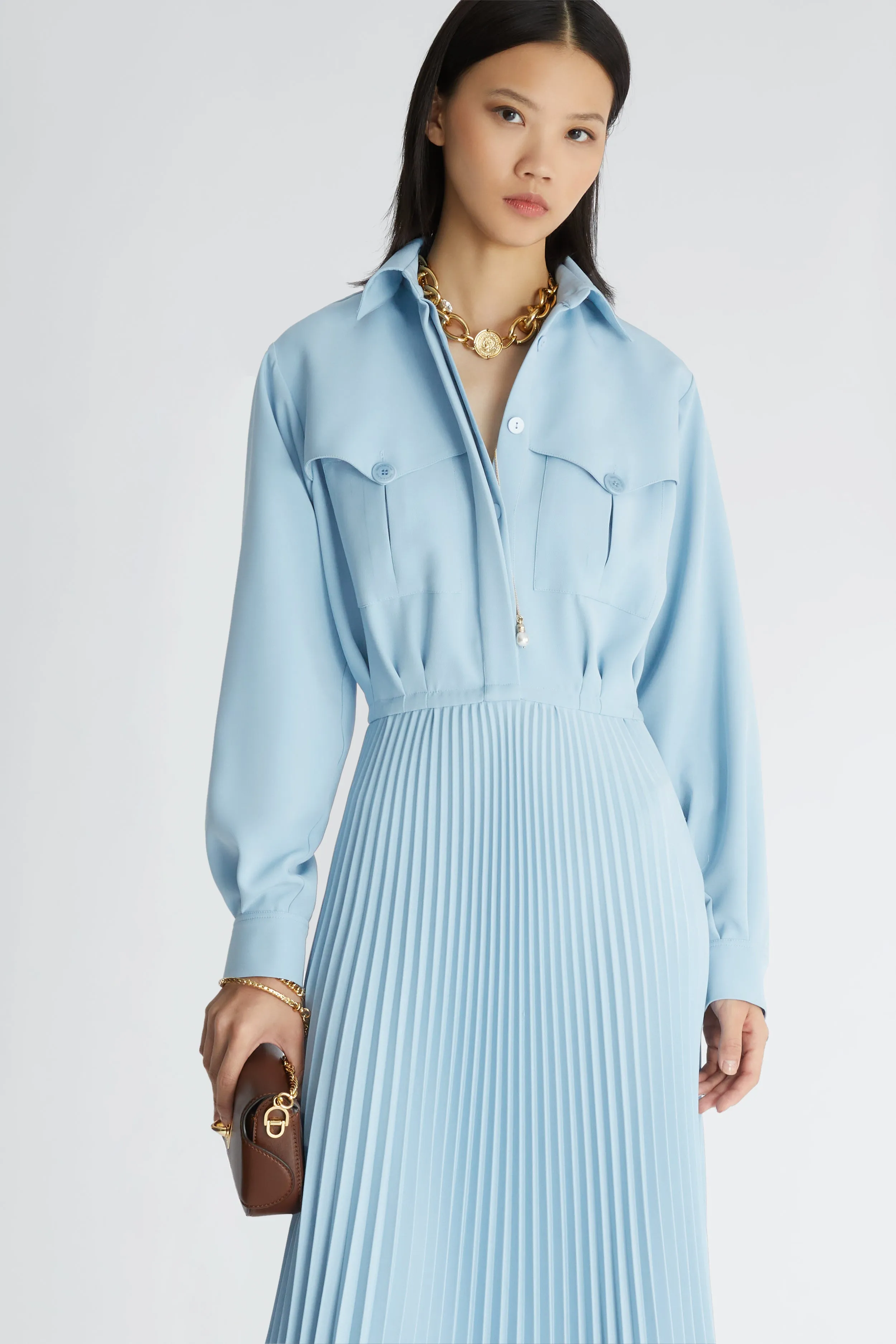 Chemisier dress with pleated skirt and pockets