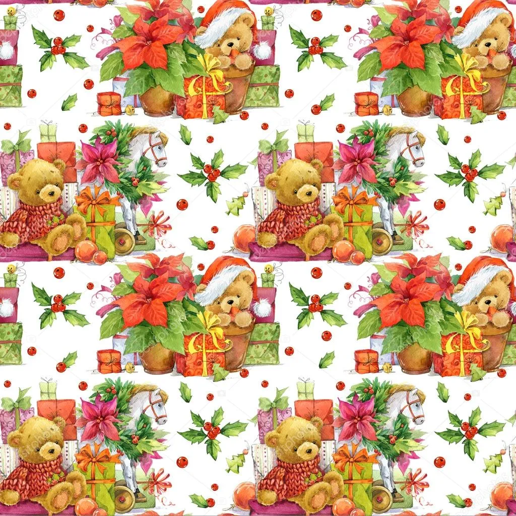 Christmas Fabric, Teddy Bears and Presents Fabric, Cotton or Fleece, 3334