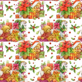 Christmas Fabric, Teddy Bears and Presents Fabric, Cotton or Fleece, 3334