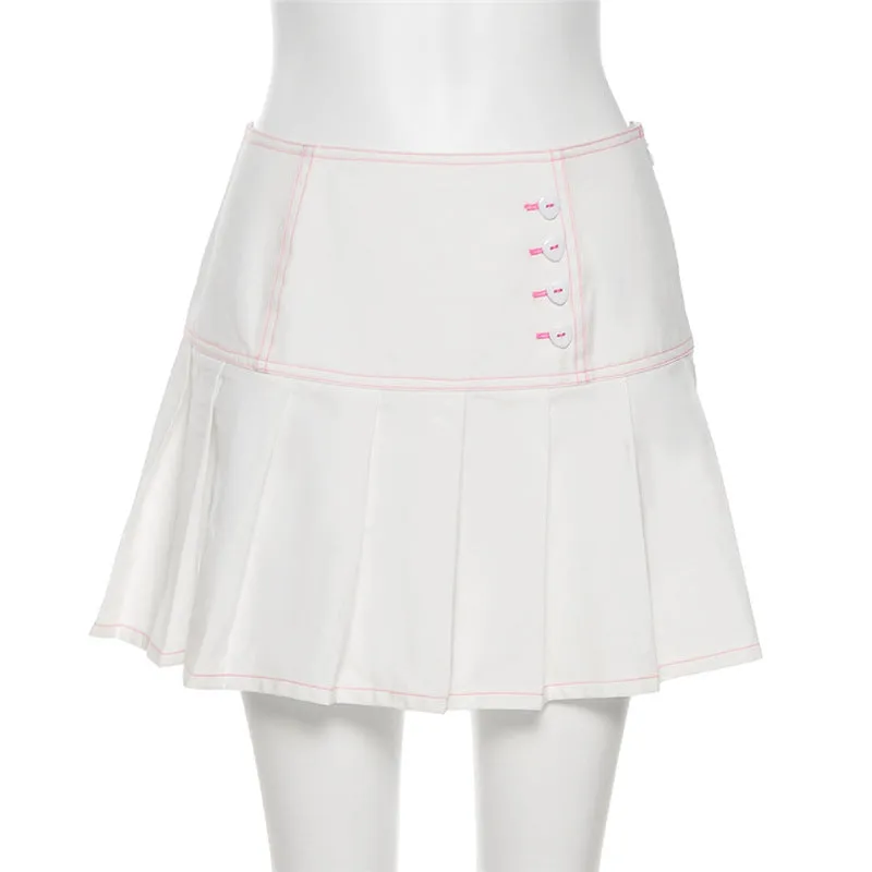 Color stitches splicing high waisted dress button down pleated skirt