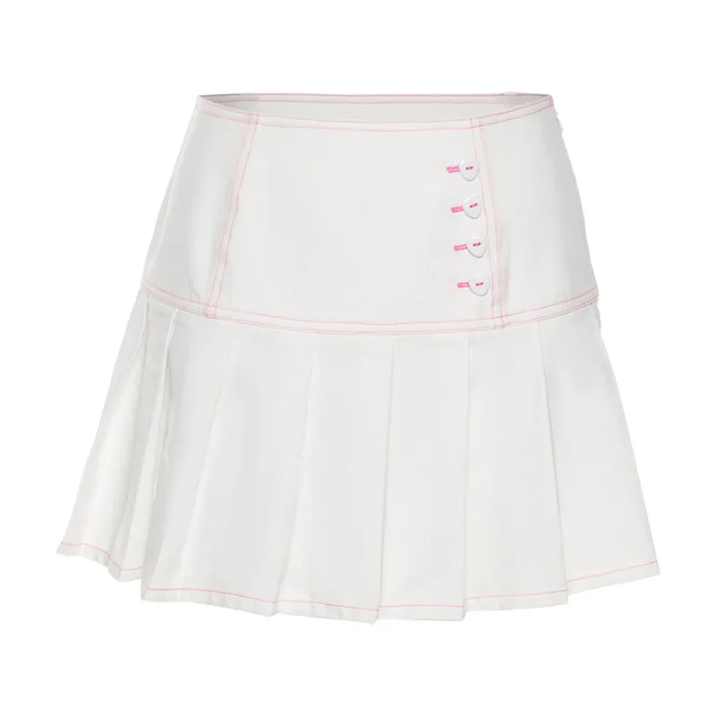 Color stitches splicing high waisted dress button down pleated skirt