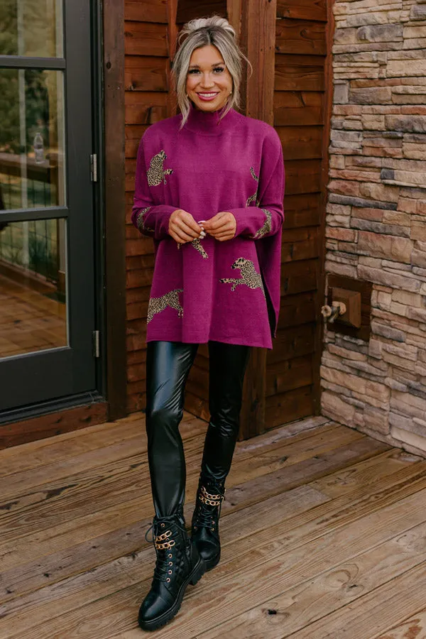 Cozy And Kind Cheetah Sweater In Royal Plum