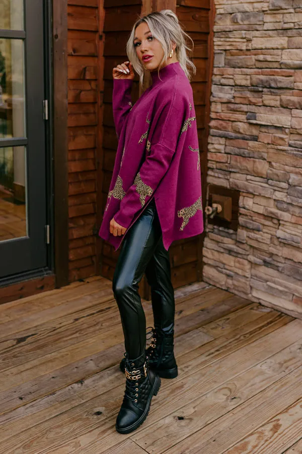 Cozy And Kind Cheetah Sweater In Royal Plum