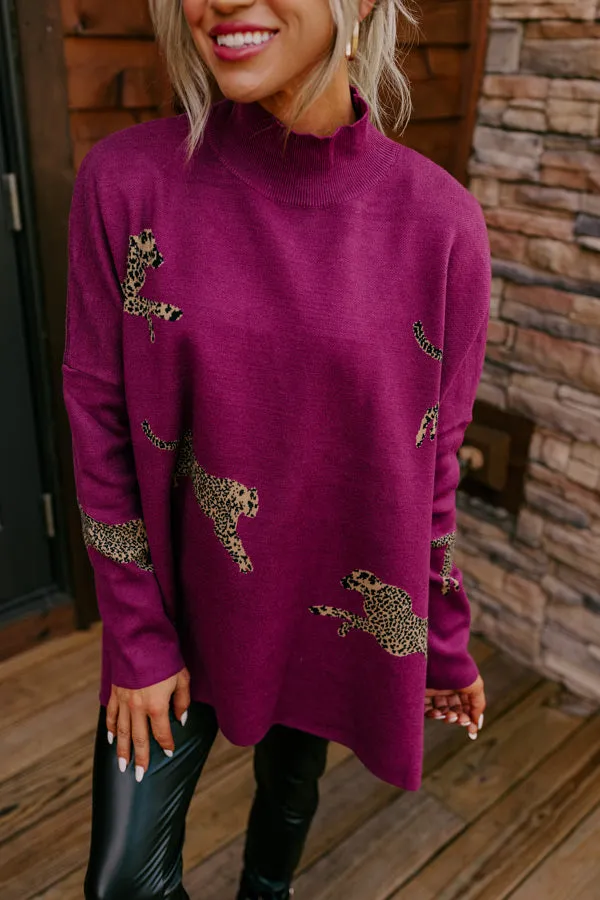Cozy And Kind Cheetah Sweater In Royal Plum