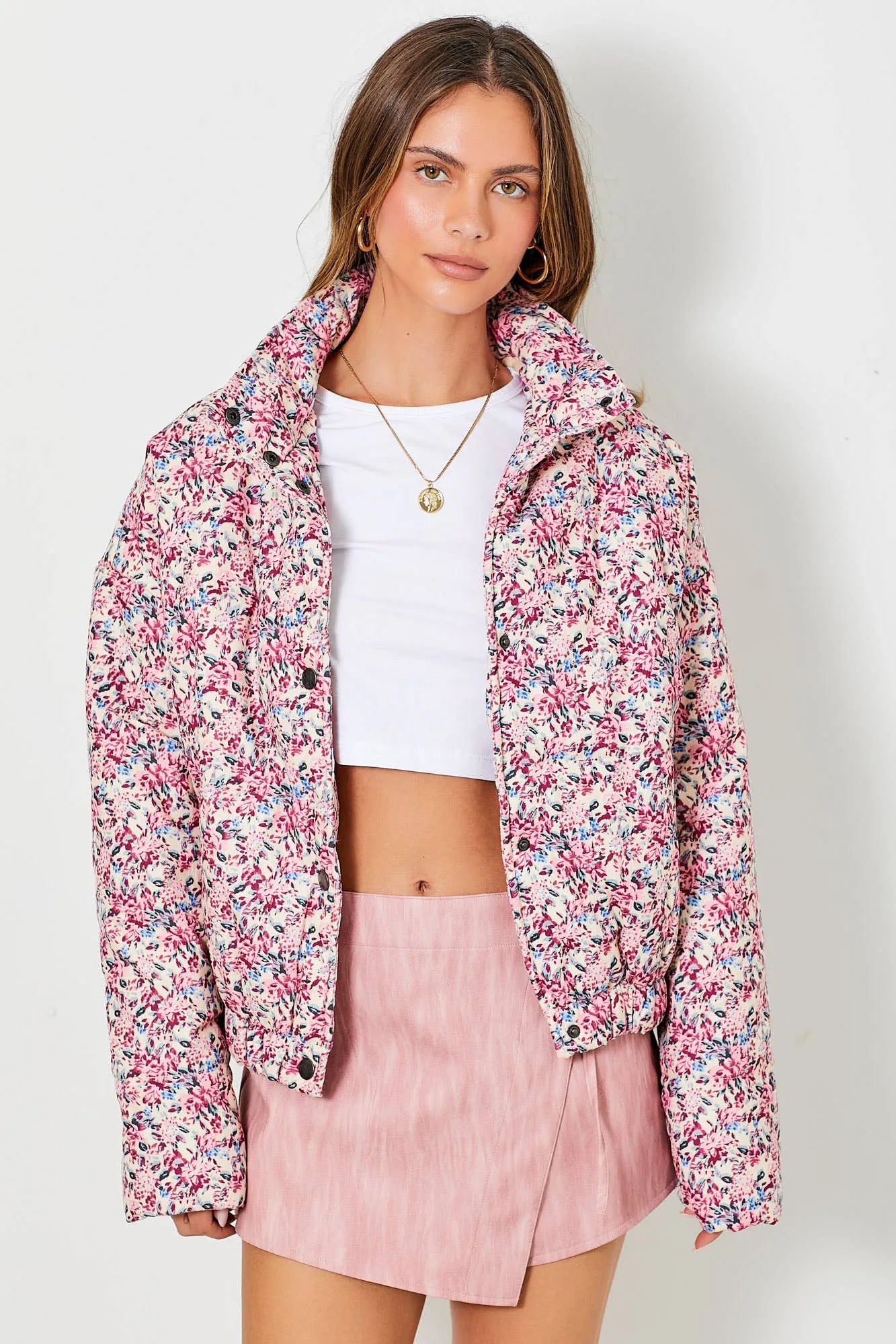 CREAM AND ROSE FLORAL PRINT CORDUROY PUFFER JACKET