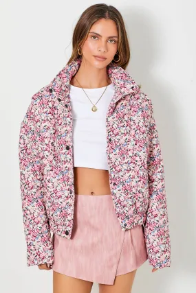 CREAM AND ROSE FLORAL PRINT CORDUROY PUFFER JACKET