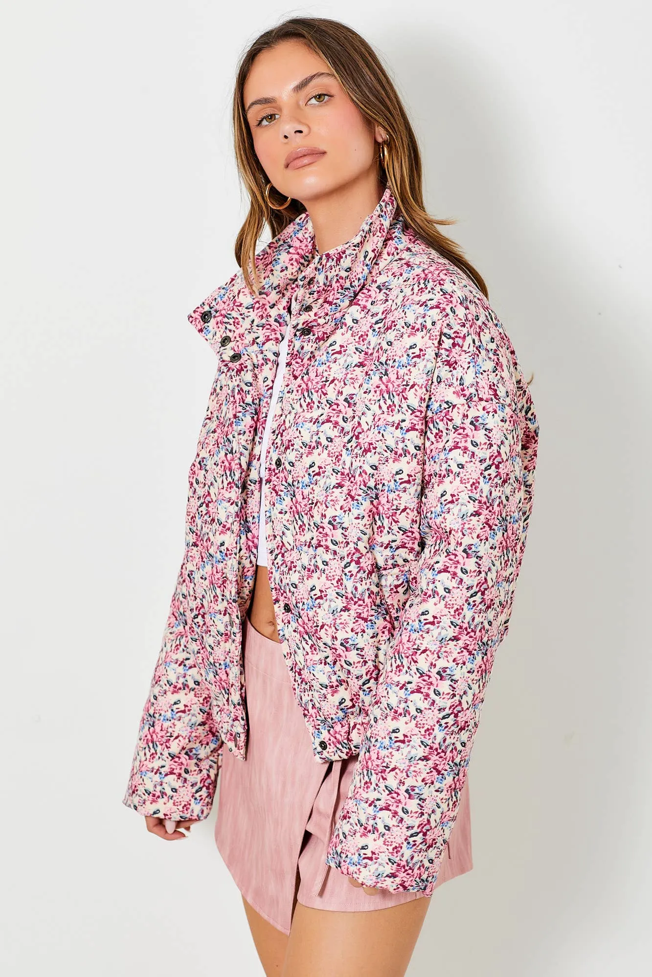 CREAM AND ROSE FLORAL PRINT CORDUROY PUFFER JACKET