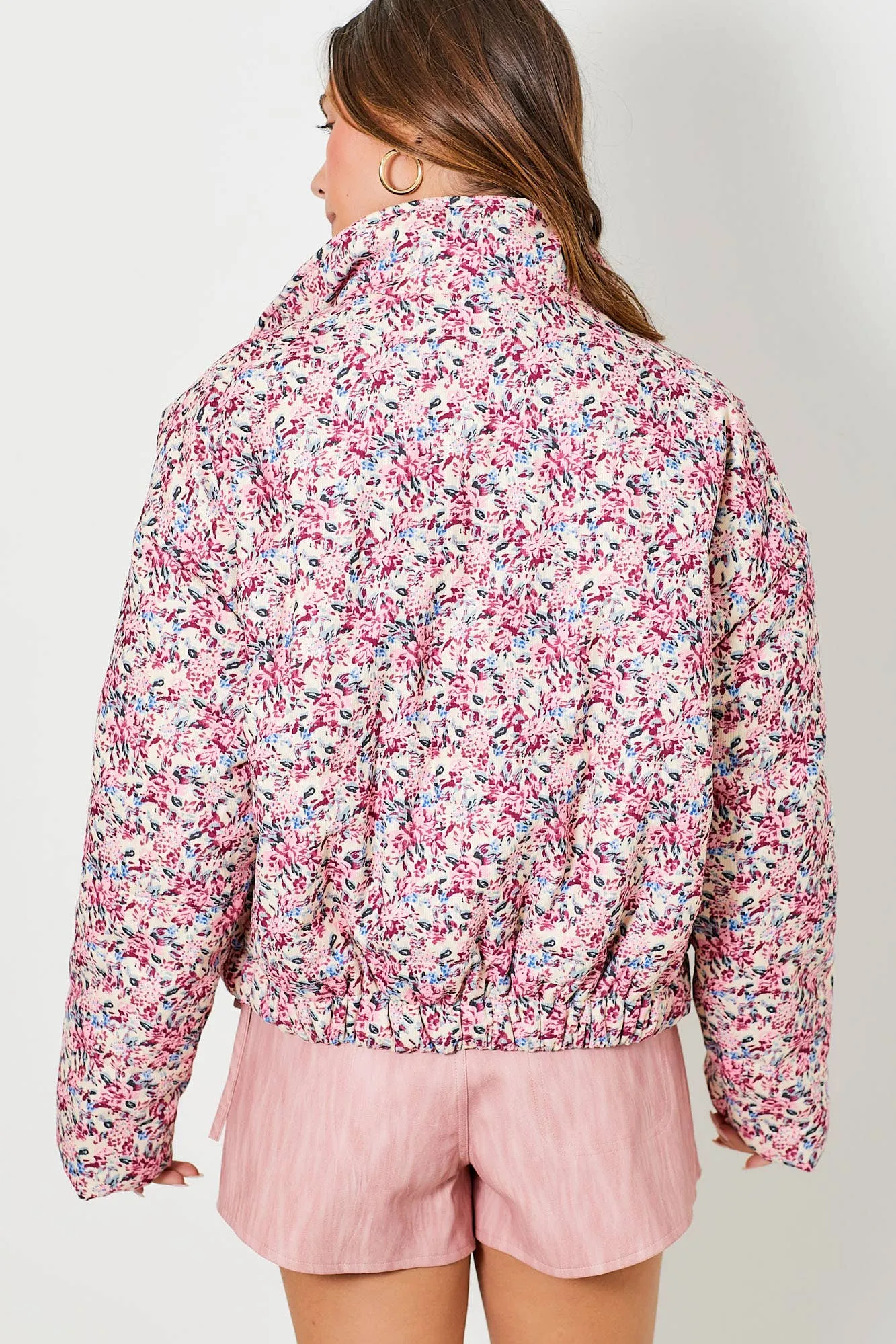 CREAM AND ROSE FLORAL PRINT CORDUROY PUFFER JACKET