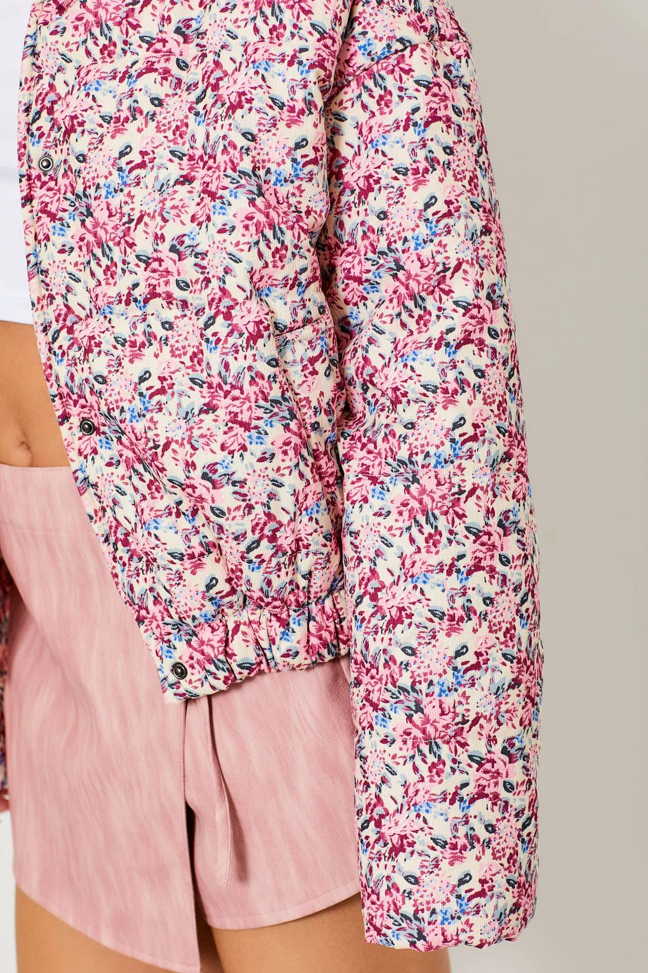 CREAM AND ROSE FLORAL PRINT CORDUROY PUFFER JACKET