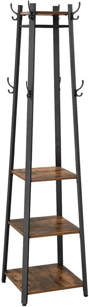 essential 8 Hooks Coat Rack Stand with 3 Shelves  Coat Tree for Entryway Bedroom Living Room Rustic Brown and Black