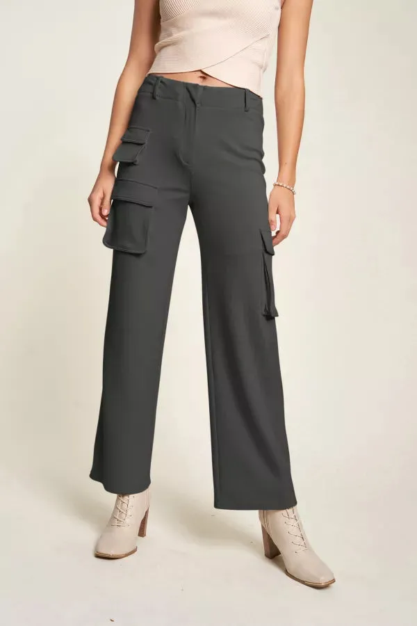 FLAP POCKET MID RISE STRAIGHT LEG WIDE CARGO PANTS