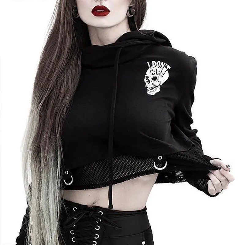 Gothic women motorist hoodie skull print gauze crop top streetwear sweatshirt