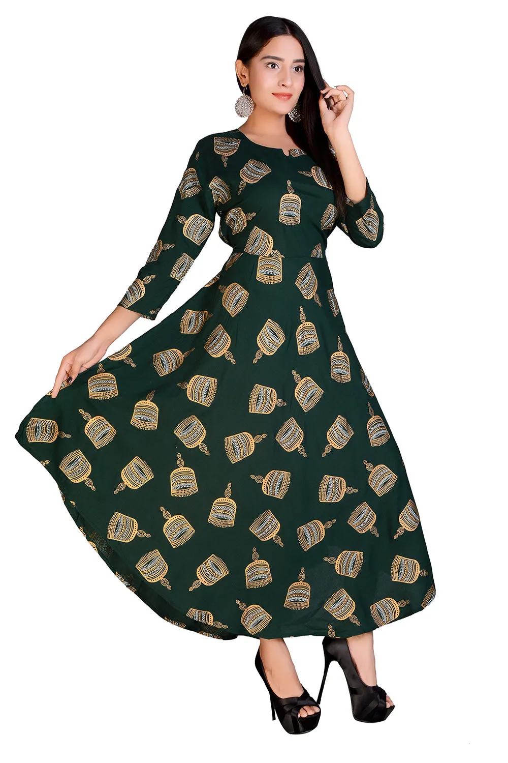 Green Rayon Long Gold Traditional Maxi
