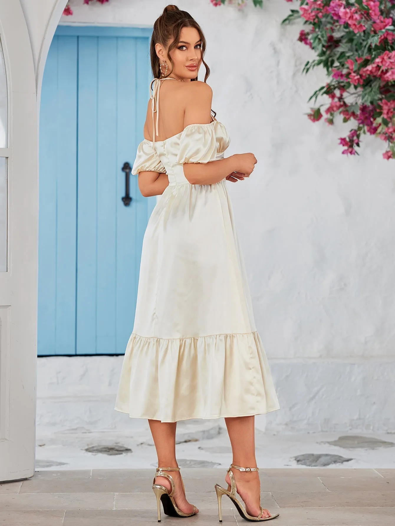 Halter Off Shoulder Corset Satin Midi Dress