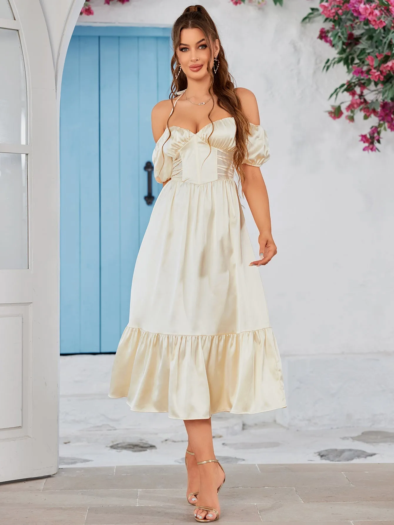 Halter Off Shoulder Corset Satin Midi Dress