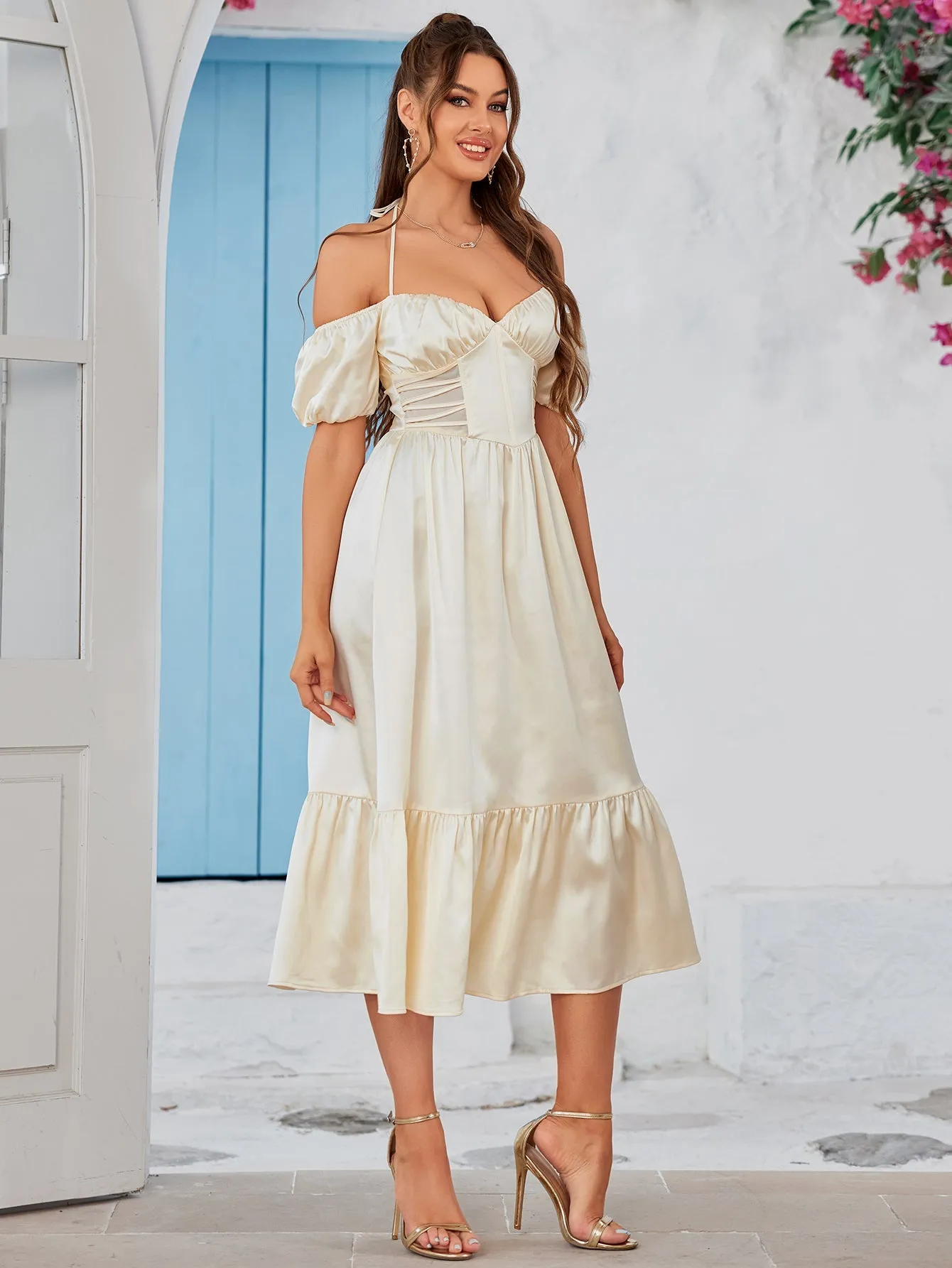 Halter Off Shoulder Corset Satin Midi Dress