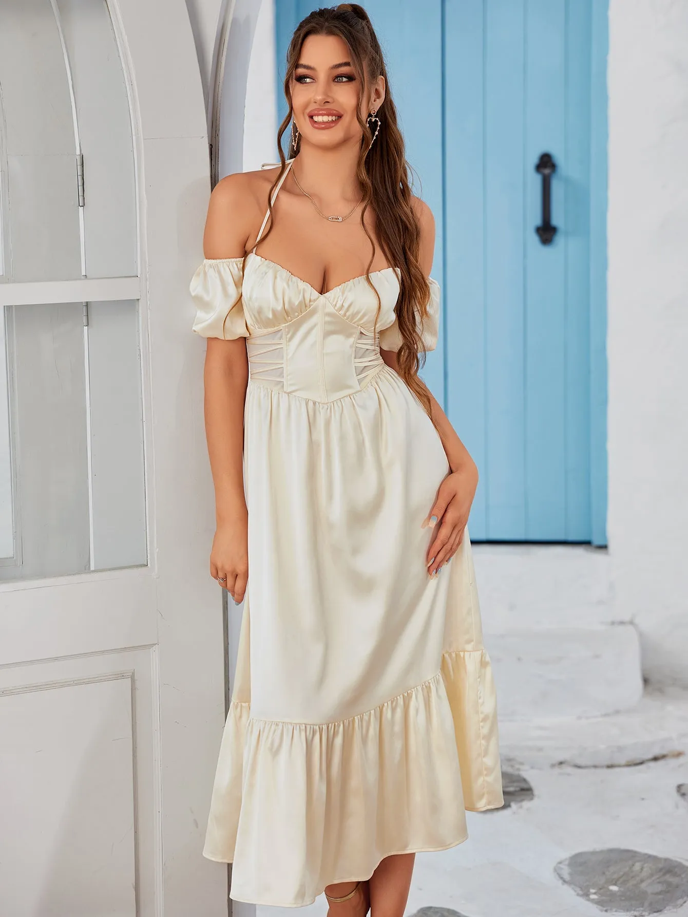 Halter Off Shoulder Corset Satin Midi Dress