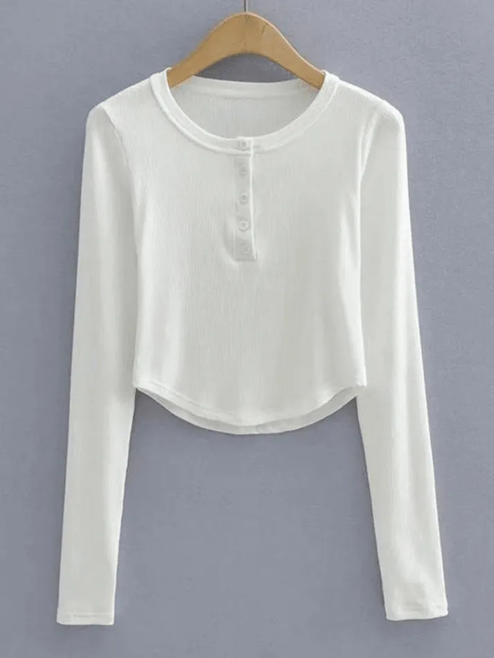 Irregular Long Sleeve Button Crop Top