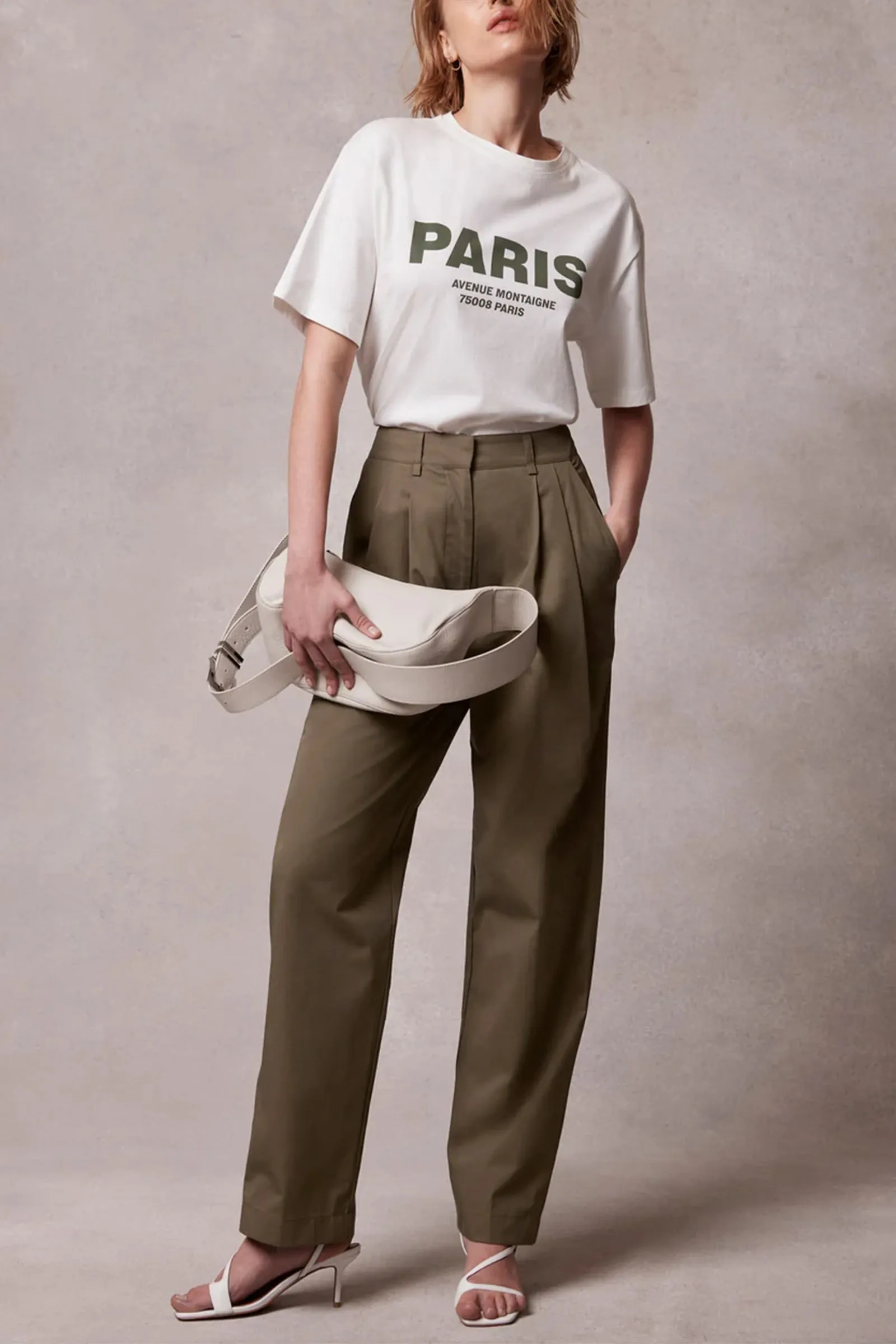 Khaki Cotton Tapered Pleated Trousers