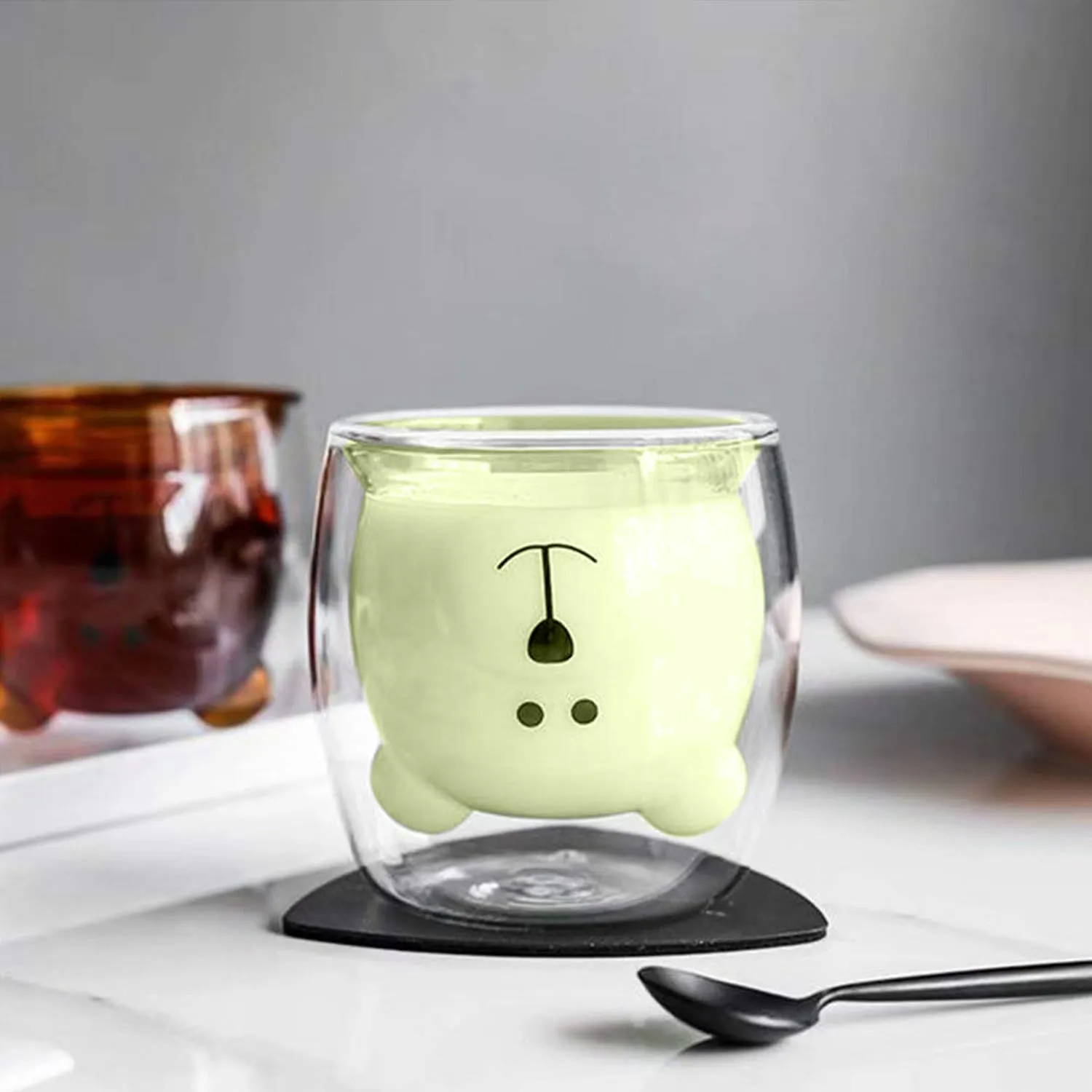 Kuber Industries 6 Pcs Cute Teddy Bear Cups | Borosilicate Double Wall Glass Cups | Microwave Safe | Heat Resistant | Scratch Proof | 250 ML | Pack of 3 | Green