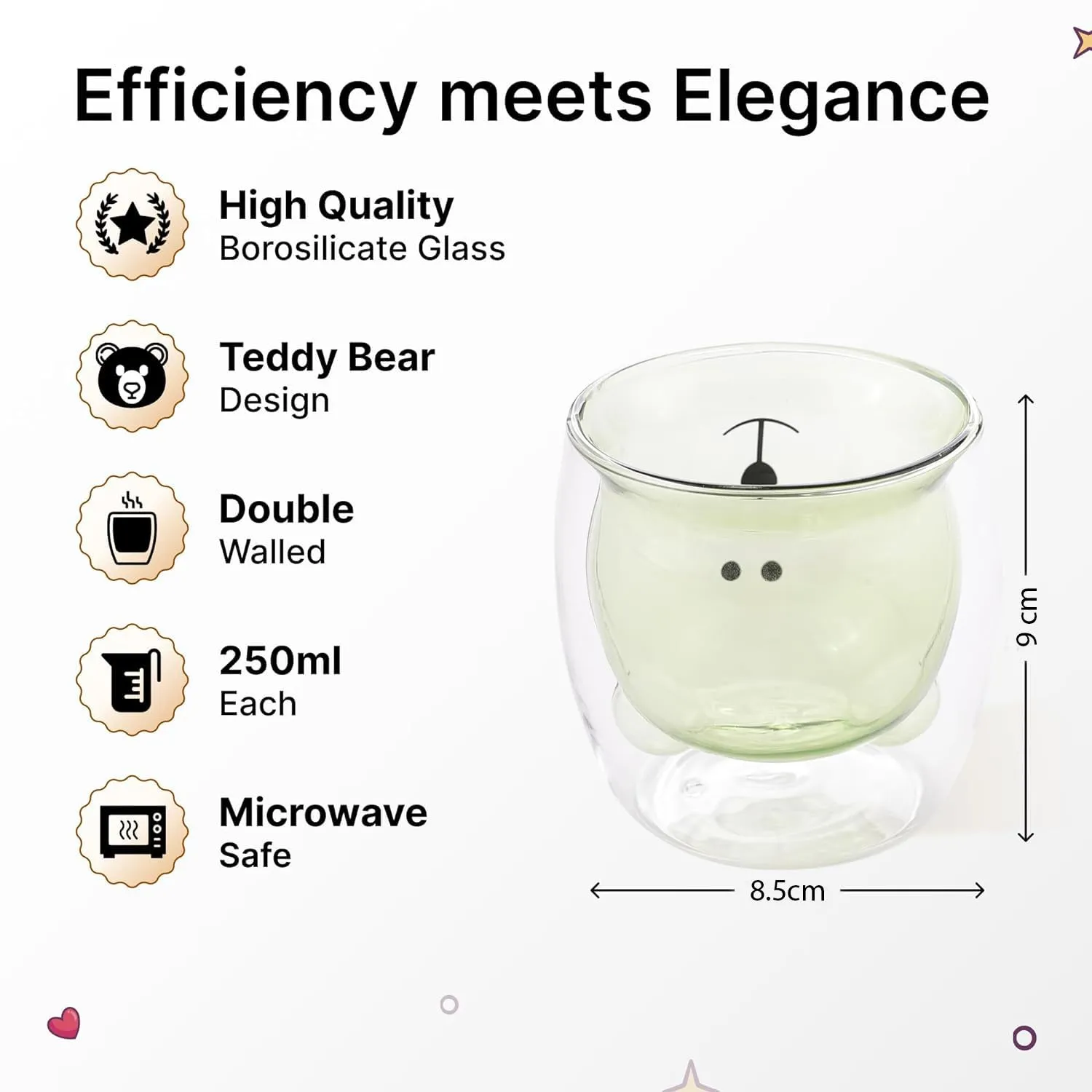 Kuber Industries 6 Pcs Cute Teddy Bear Cups | Borosilicate Double Wall Glass Cups | Microwave Safe | Heat Resistant | Scratch Proof | 250 ML | Pack of 3 | Green