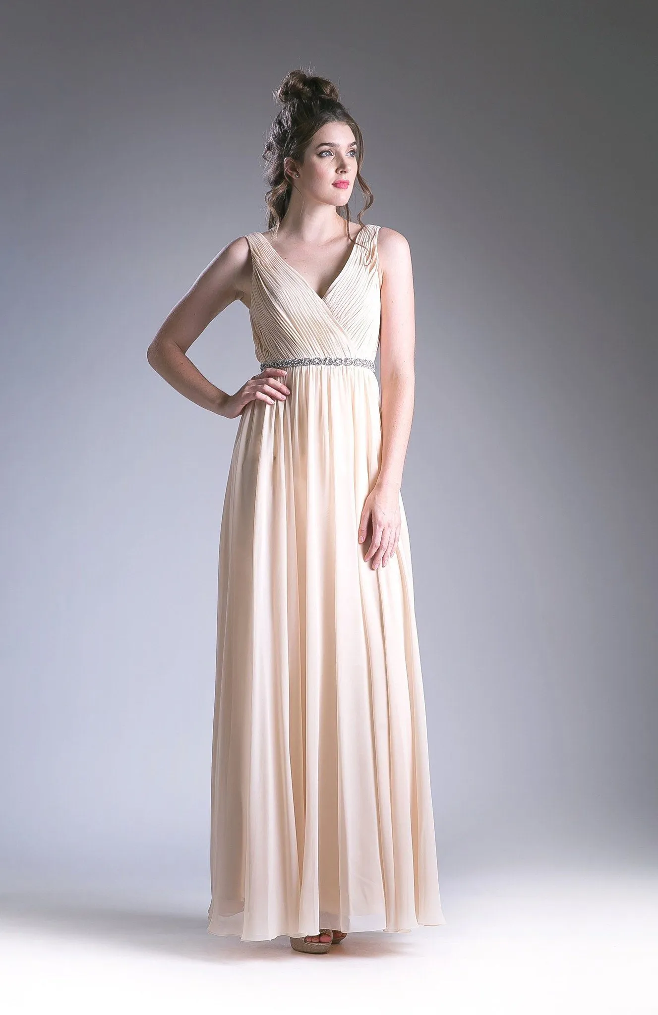 Long Pleated V-Neck Dress by Cinderella Divine 1001