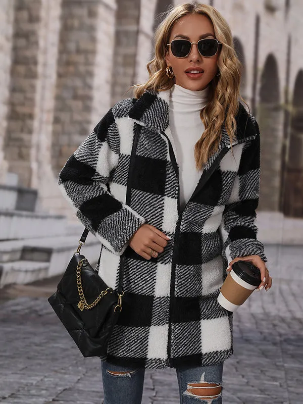 Long Sleeve Lapel Plaid Zipper Double-Faced Fleece Coat