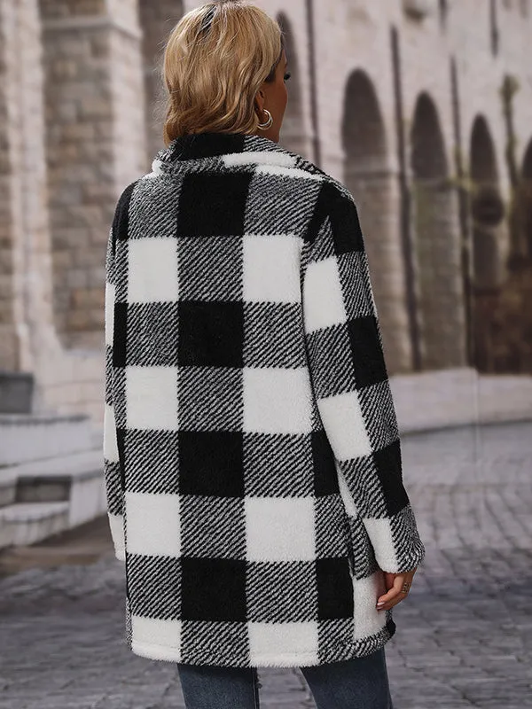 Long Sleeve Lapel Plaid Zipper Double-Faced Fleece Coat