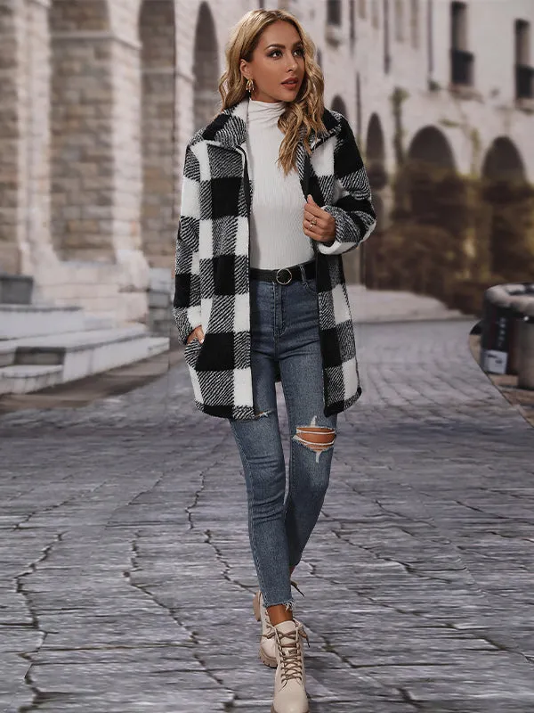 Long Sleeve Lapel Plaid Zipper Double-Faced Fleece Coat